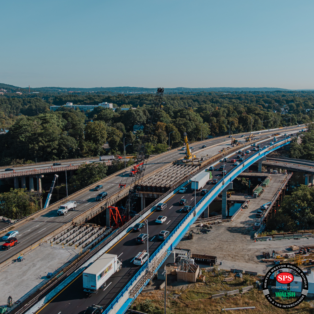 overview of a the Newton-Weston Interchange bridge being built