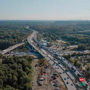 overview of a the Newton-Weston Interchange bridge being built